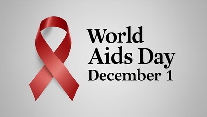 Banner with a red ribbon on a net grey background and the text ‘World AIDS Day December 1’.	World AIDS Day and AIDS awareness concept