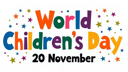 Fototapeta premium Bright illustration with text ‘World Children's Day’ with colourful letters and stars on a white background to celebrate World Children's Day on November 20