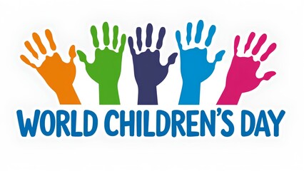 Fototapeta premium A festive banner with multi-coloured children's handprints and the text ‘WORLD CHILDREN'S DAY’. Concept for World Children's Day in support of children's rights and protection.