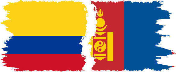 Mongolia and Colombia grunge flags connection, vector