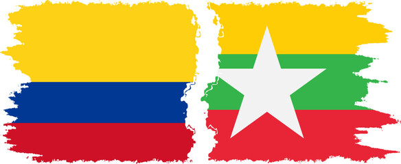 Myanmar and Colombia grunge flags connection, vector