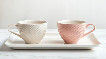 Fototapeta premium Two textured ceramic cups in white and pink on rectangular tray