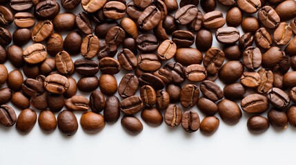 Fototapeta premium Variety of roasted coffee beans spread out on a white surface, showcasing rich textures and colors