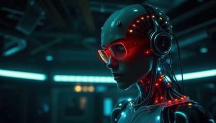 Fototapeta premium Futuristic robot with headphones and glasses
