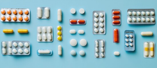 Various Pills and Capsules on Blue Background