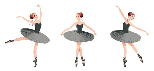 Set of pretty ballerina in black dress dancing on white background. Vector illustration in flat cartoon style