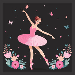 Romantic ballerina in pink dress dancing on dark background with flowers and butterflies . Vector illustration in flat cartoon style