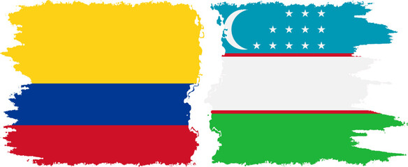 Uzbekistan and Colombia grunge flags connection, vector