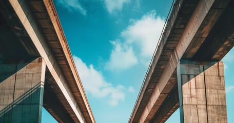 Fototapeta premium An overhead view of a bridge with a clear blue sky in the background. stands for the field of civil engineering, Generative AI.