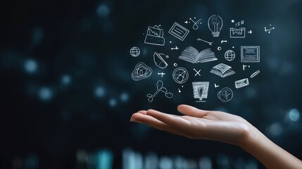 Obraz premium A hand holding floating educational and technological icons, symbolizing knowledge and innovation.