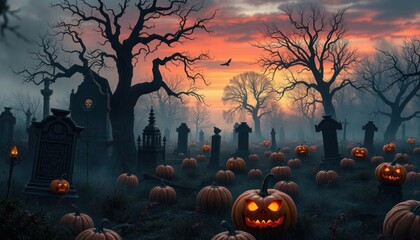 Spooky halloween graveyard at dusk