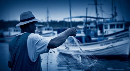 Fisherman casting net at dawn in harbor with boats in background.
