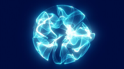 Energetic blue sphere of luminous blue particles, abstract technological sphere