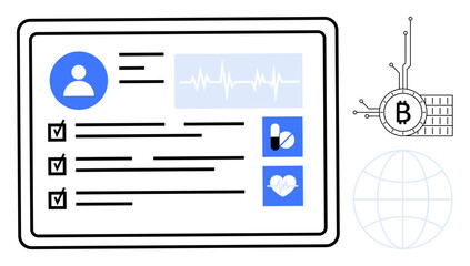 Digital medical record with user details, health data, checklists, pill and heart icons. Ideal for healthcare, digital records, blockchain technology, medical data security, and online health