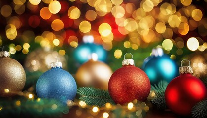 Fototapeta premium Festive Christmas Ornaments with Colorful Bokeh Lights