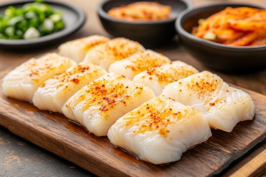 Fresh monkfish displayed on rustic wooden board with traditional Korean side dishes in warm lighting