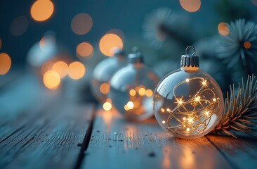 Glass garland glowing inside on wooden floor, blue background