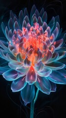 Obraz premium A vibrant, luminous flower stands against a dark backdrop. The petals glow with a mix of blue and pink hues. This digital art piece embodies beauty and creativity. AI