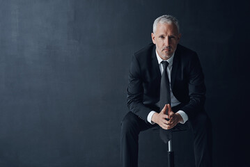 Mockup space, serious and portrait of businessman in studio with confidence for legal career....