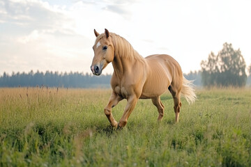 Fototapeta premium palomino horse running gracefully in lush green meadow, showcasing its strength and beauty against serene backdrop. scene evokes sense of freedom and vitality