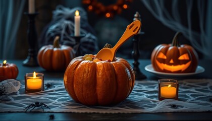 Halloween pumpkin decoration with candles