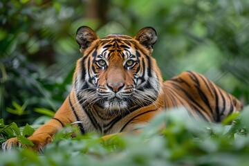 Fototapeta premium Beautiful orange fur with black stripes on an endangered species of Malayan tiger lying in the forest, Generative AI.