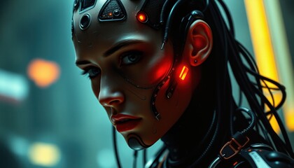 Futuristic cyborg portrait with neon elements