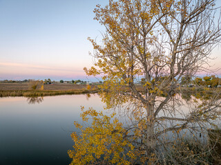 aerial view of Roulard Lake along Great Western Bike Trail, rails to trails conversion project in northeastern rural Colorado