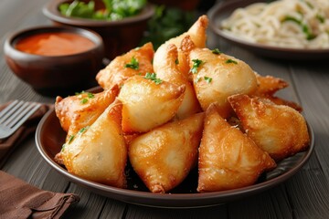 A plate of coxinhas, deep-fried dough balls filled with creamy chicken and spices, served with a side of spicy dipping sauce