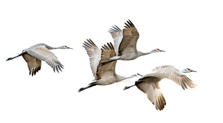 Obraz premium Three sandhill cranes in-flight with a white background