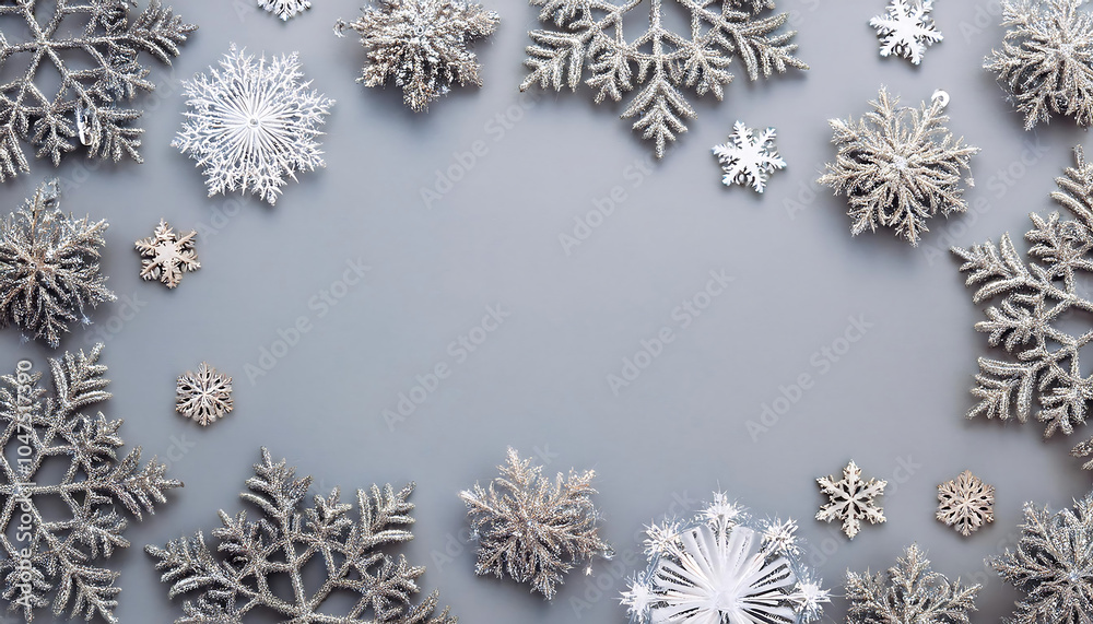 Poster snowflakes frame pastel gray background flat lay with plenty of copy space for a festive ho_1(618)