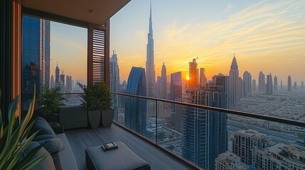 Fototapeta premium Stunning view of Dubai skyline from a balcony at sunset.