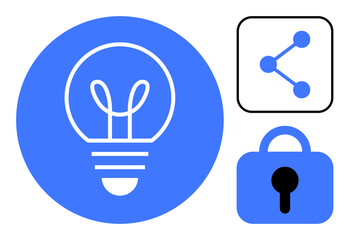 Light bulb in circle, share symbol in square and padlock in rectangle. Ideal for ideas, innovation, networking, security, technology. Clean and minimalistic style