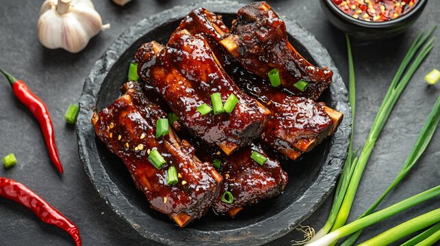 Steamed pork riblets in black bean sauce, isolated on a gray stone surface, surrounded by green onions, garlic cloves, and fresh red chilies