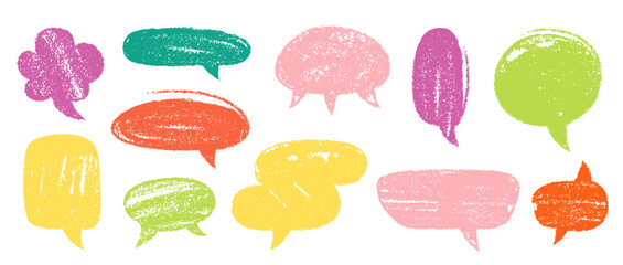 Crayon Speech Bubbles Vector Set. Chalk Scribble Talking Clouds Shapes Collection. Colorful Hand Drawn Brush Texture Dialogue Frames. Pencil Emphasis Elements Charcoal Doodle Talk Balloons Bundle