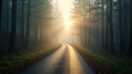 Obraz premium Misty forest with winding road and morning sun peeking through symbolizing the journey ahead