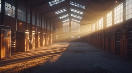 Sunbeams stream through the open doors of a horse stable, illuminating the dusty interior.