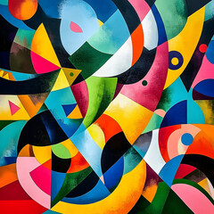 Colorful abstract artwork featuring geometric shapes and vibrant hues, showcasing creativity in a contemporary art exhibit