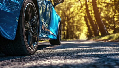 close up view of blue cars wheel on sunlit road surrounded by trees, showcasing beauty of nature and automotive design. scene evokes sense of adventure and freedom