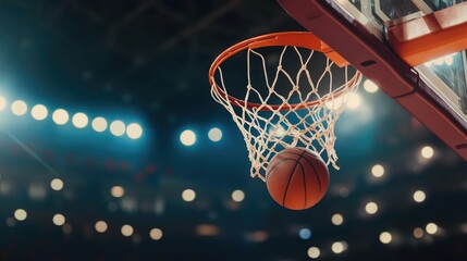 A basketball is about to enter the hoop in a vibrant sports arena.