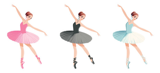 Set of pretty ballerina in different dress dancing on white background. Vector illustration in flat cartoon style