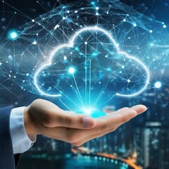 A digital realm unfolds within the grasp of human hand, as a luminous cloud symbolizes the boundless potential and transformative power of cloud computing, reshaping the landscape of technology.