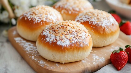 Sweet coconut buns, placed on a light wooden board, garnished with toasted coconut flakes, fresh strawberries, and powdered sugar