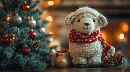 toy next to a small christmas tree on the table