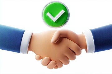 Two hands shaking in agreement with a green checkmark above them, symbolizing confirmation