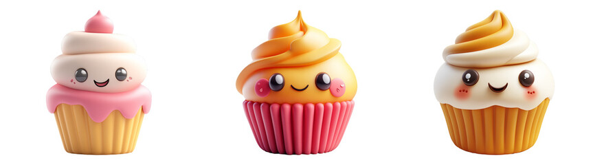 3D cupcakes with smiling faces in plasticine style isolated on transparent PNG perfect for bakery-themed designs or dessert-related illustrations