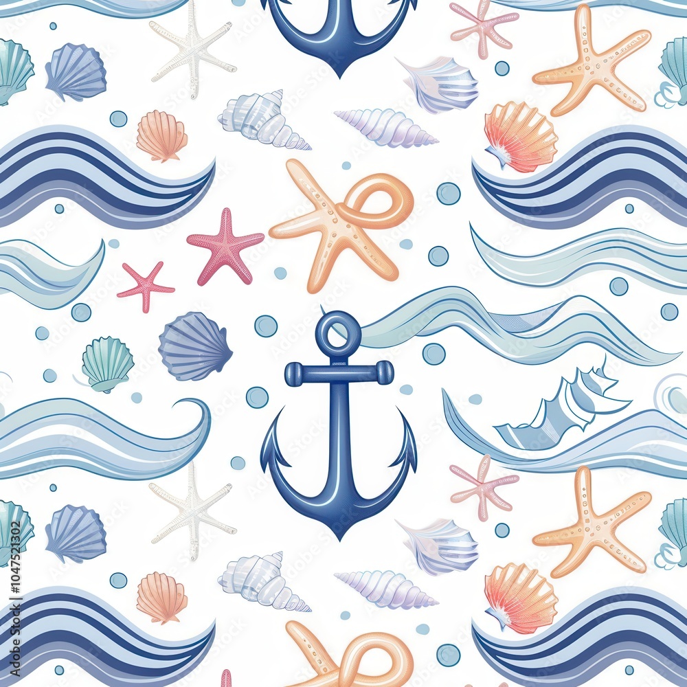 Poster this vibrant design features anchors, seashells, starfish, and waves, creating a cheerful beach-insp