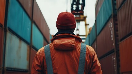 Obraz premium Back view of a logistics coordinator ensuring stock container being lifted at shipping port front view Cargo handling efficiency