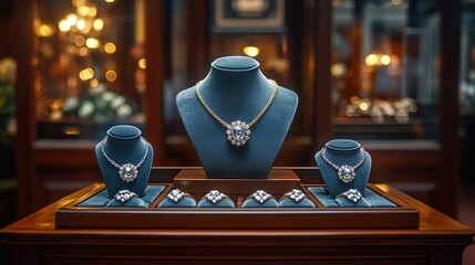 Three elegant diamond necklaces and rings on display in a jewelry store.