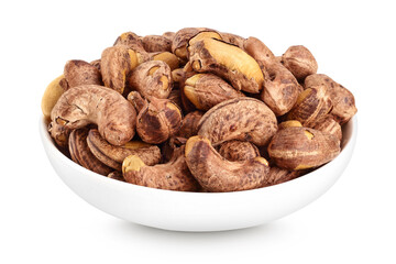 cashew nut with shell in ceramic bowl isolated on white background